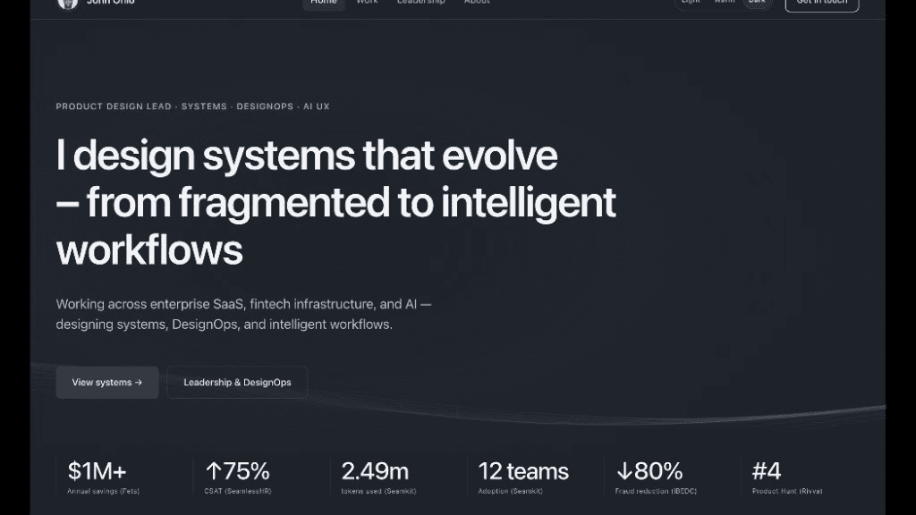 Agentic Portfolio — homepage hero with nav, headline, CTAs, and metrics strip