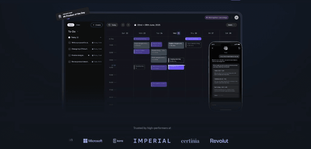 Rivva — desktop calendar and Nia mobile scheduling with Product Hunt badge
