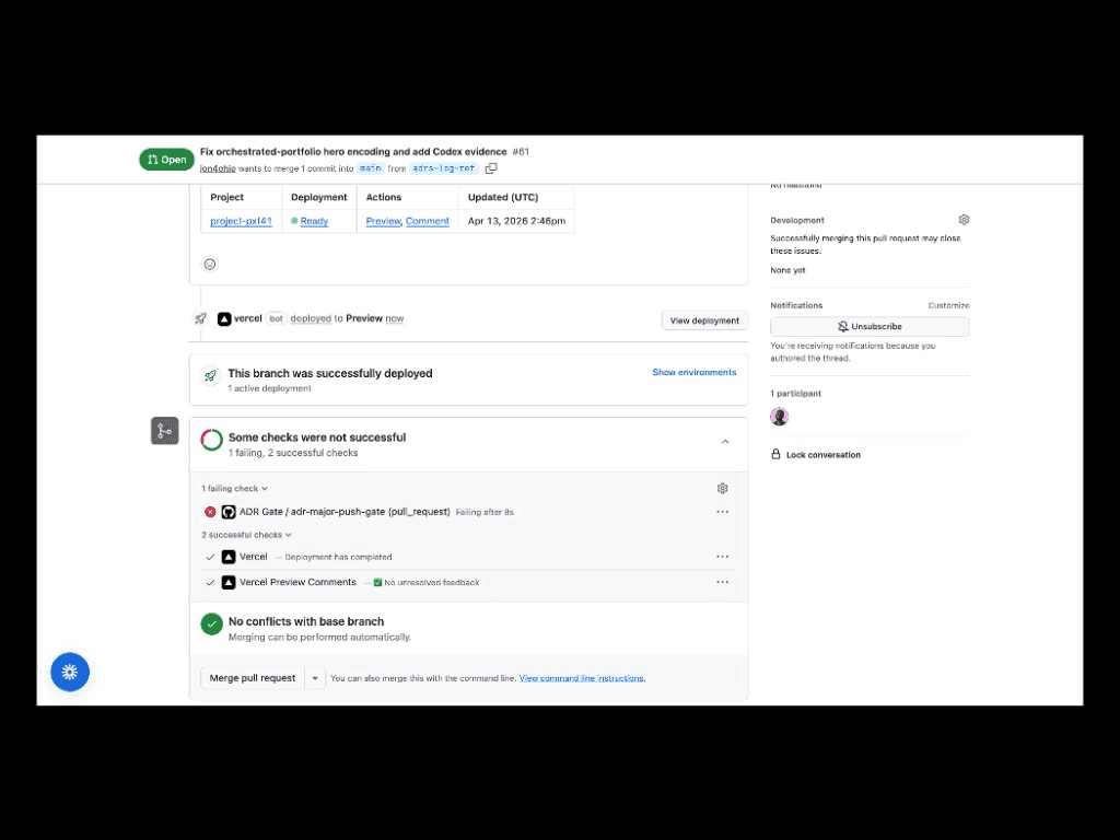GitHub checks showing ADR gate failing on a pull request
