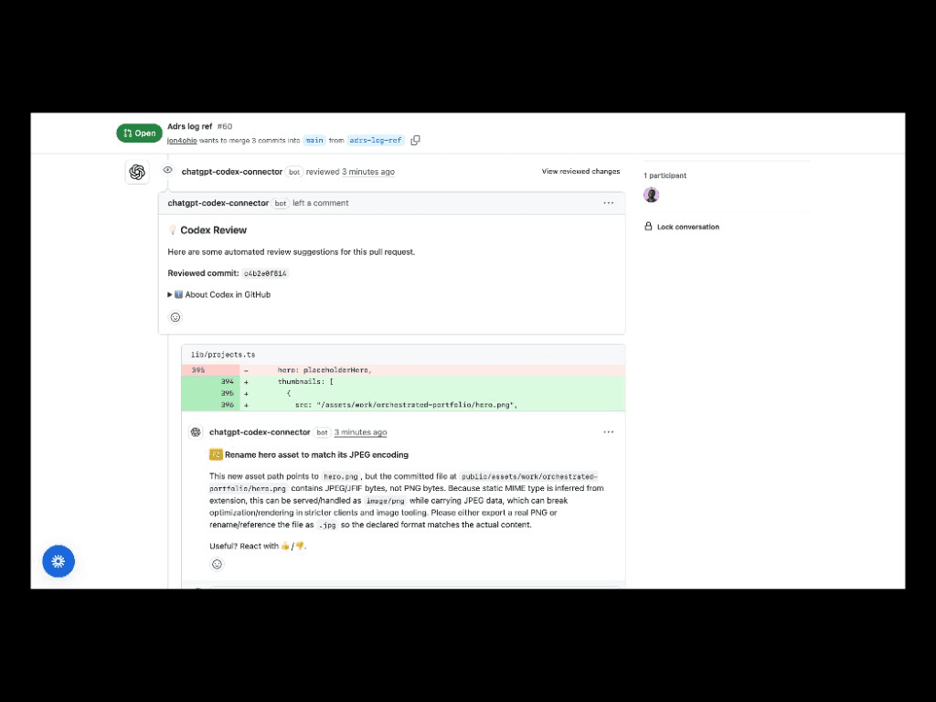 Codex bot leaving a review comment on a PR flagging JPEG bytes committed as hero.png