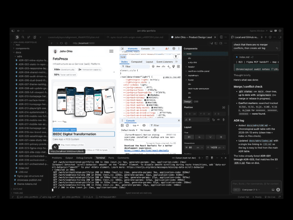 Cursor IDE showing the portfolio codebase, dev server, docs/adrs, and AI agent completing ADR log work