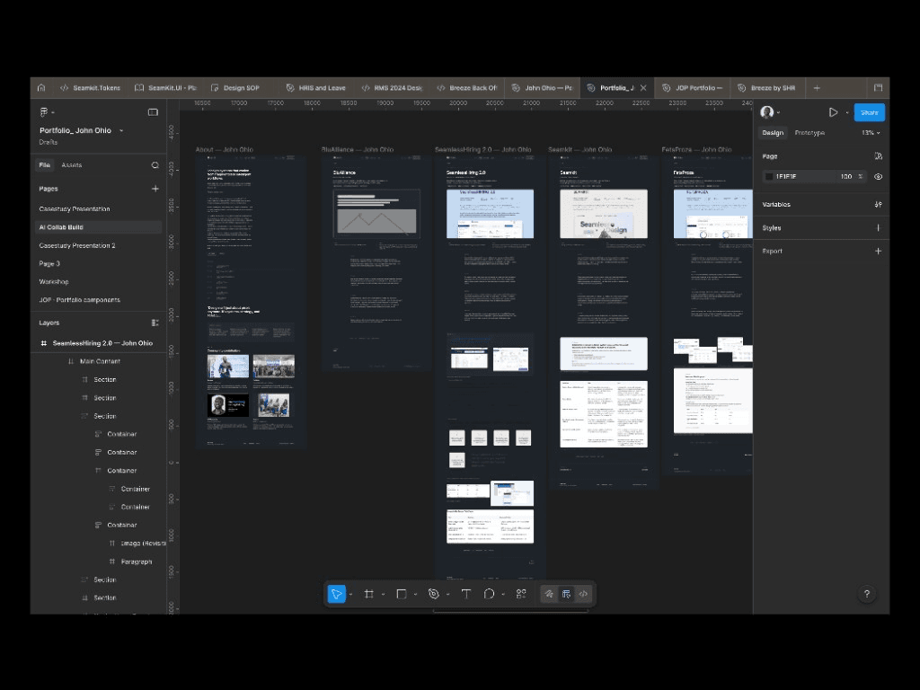 Figma workspace with portfolio case study artboards — About, BluAlliance, SeamlessHiring, Seamkit, FetsProza