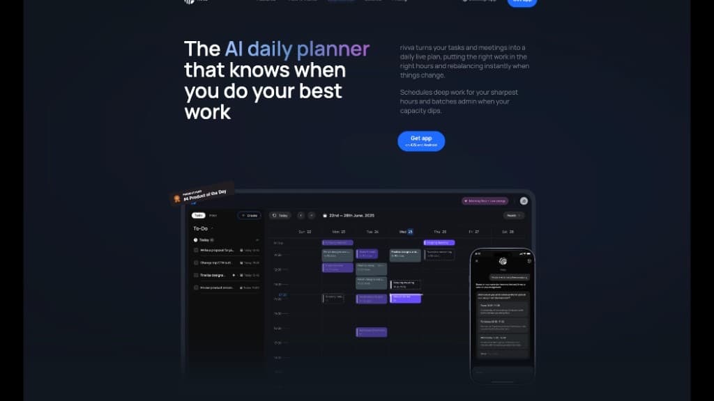 Rivva — AI daily planner web landing page hero with product UI preview