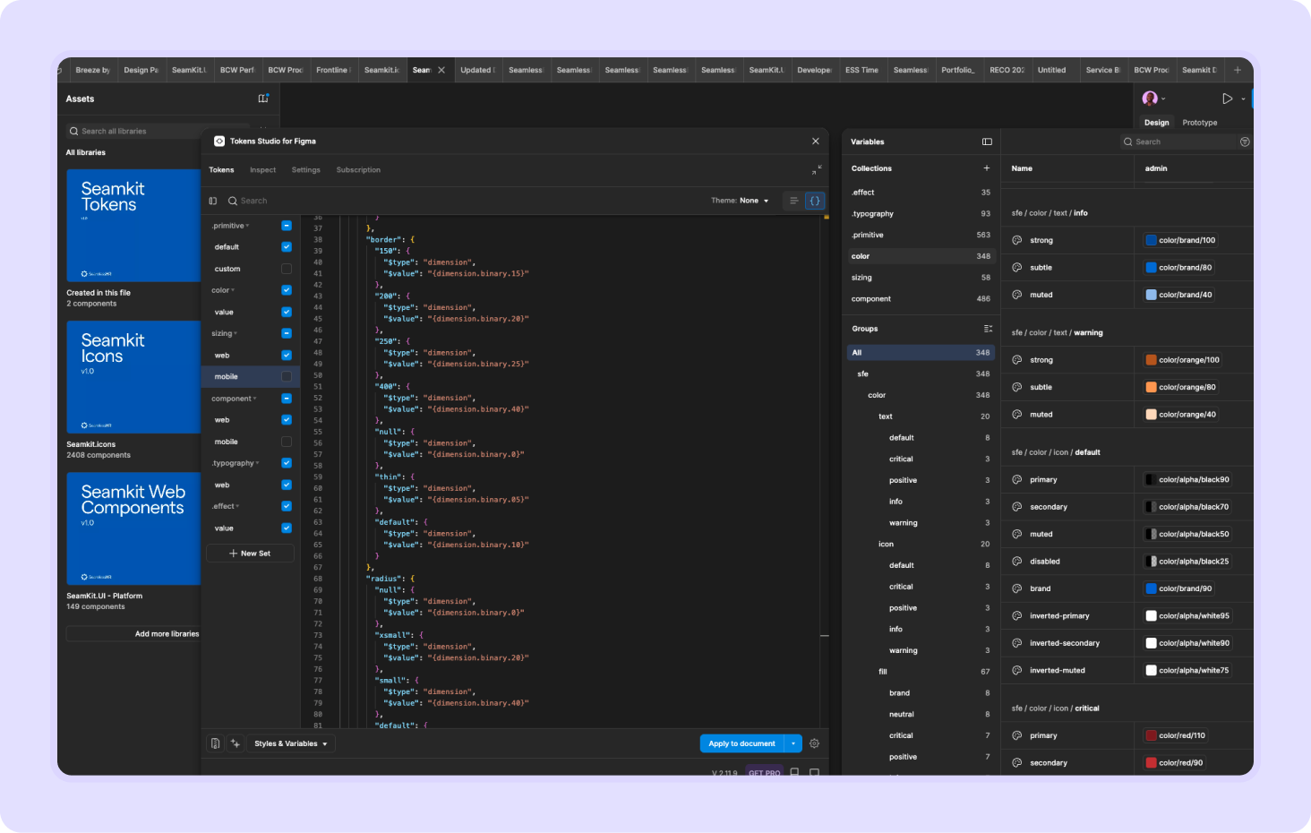 Token Studio variables panel — Seamkit taxonomy