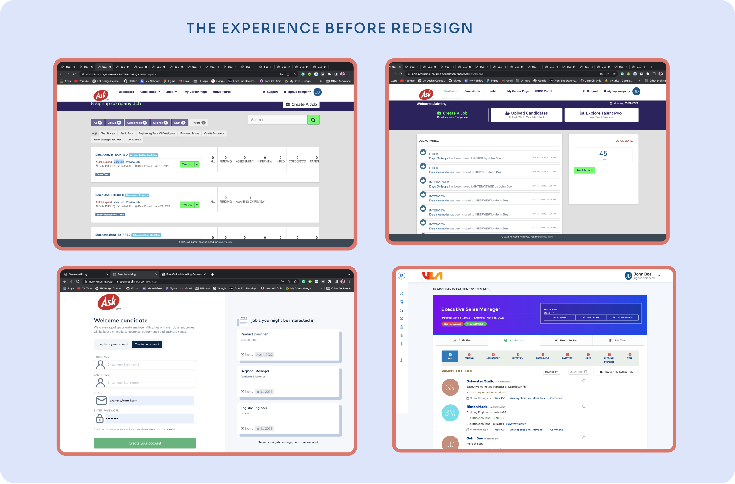 SeamlessHiring before redesign — broken application flow and navigation